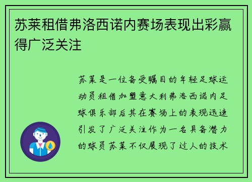 苏莱租借弗洛西诺内赛场表现出彩赢得广泛关注