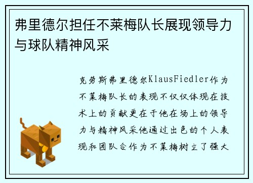 弗里德尔担任不莱梅队长展现领导力与球队精神风采